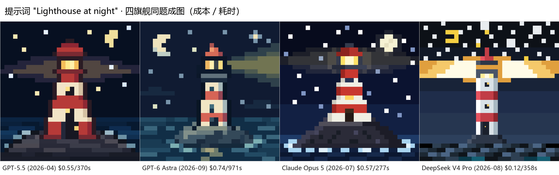 「夜晚灯塔」同题：GPT-5.5 / GPT-6 Astra / Claude Opus 5 / DeepSeek V4 Pro 四旗舰对比